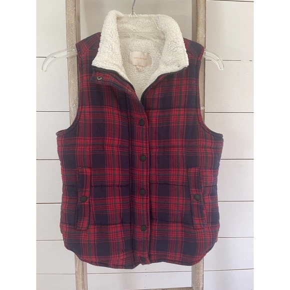 Skies Are Blue Sherpa Lined Plaid Vest Red Blue Pockets Snap Zip Size XS - Picture 1 of 8